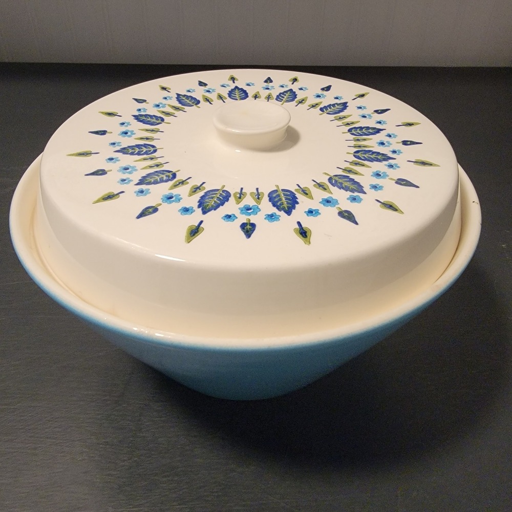 Vintage Marcrest Covered Casserole Dish Blue Ceramic Serving Bowl Mid Century